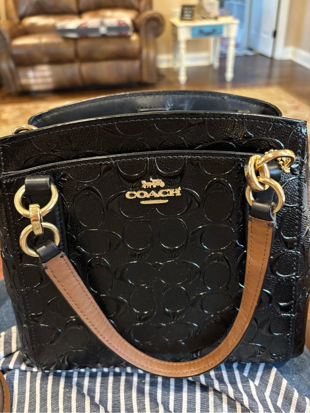 Coach Black Patent Signature Tote with Gold Hardware